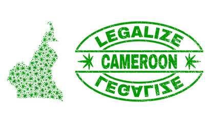 Vector cannabis Cameroon map mosaic and grunge textured Legalize stamp seal. Concept with green weed leaves. Concept for cannabis legalize campaign. Vector Cameroon map is constructed of weed leaves.