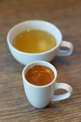 Hot black coffee and tea.