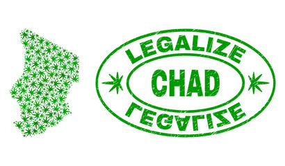 Vector cannabis Chad map mosaic and grunge textured Legalize stamp seal. Concept with green weed leaves. Concept for cannabis legalize campaign. Vector Chad map is designed from weed leaves.