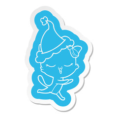 cartoon  sticker of a cat with bow on head wearing santa hat