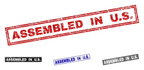 Grunge ASSEMBLED IN U.S. rectangle stamp seals isolated on a white background. Rectangular seals with grunge texture in red, blue, black and grey colors. Vector rubber imitation of ASSEMBLED IN U.S.