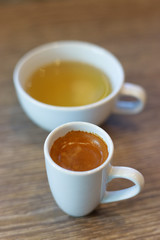 Hot black coffee and tea.