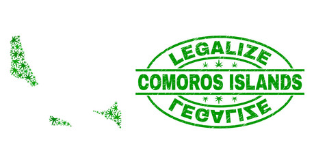 Vector cannabis Comoros Islands map collage and grunge textured Legalize stamp seal. Concept with green weed leaves. Concept for cannabis legalize campaign.