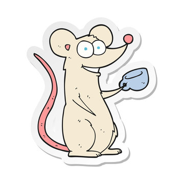 sticker of a cartoon mouse with cup of tea