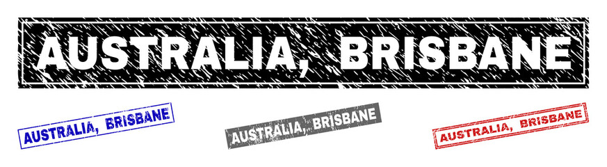 Grunge AUSTRALIA, BRISBANE rectangle stamp seals isolated on a white background. Rectangular seals with grunge texture in red, blue, black and gray colors. Vector rubber watermark of AUSTRALIA,