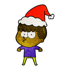textured cartoon of a curious boy wearing santa hat