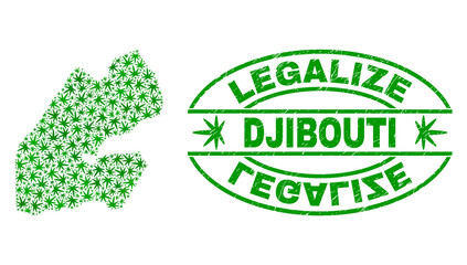 Vector cannabis Djibouti map mosaic and grunge textured Legalize stamp seal. Concept with green weed leaves. Template for cannabis legalize campaign. Vector Djibouti map is composed with weed leaves.