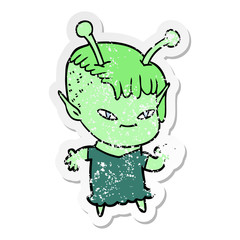 distressed sticker of a cute cartoon alien girl