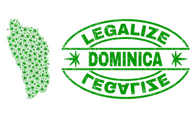 Vector cannabis Dominica Island map mosaic and grunge textured Legalize stamp seal. Concept with green weed leaves. Template for cannabis legalize campaign.