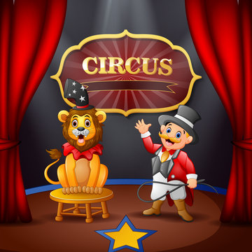 Cartoon ringmaster and a lion on the circus stage