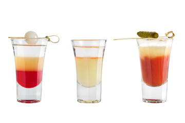 Popular alcohol shots on a white background. Three shots.