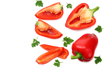 sliced sweet bell peppers isolated on white background. top view