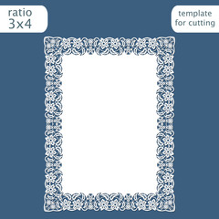 Laser cut wedding invitation card template with openwork border.  Cut out the paper card with lace pattern.  Greeting card template for cutting plotter. Vector.