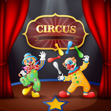 Cartoon Circus show with clowns on the stage