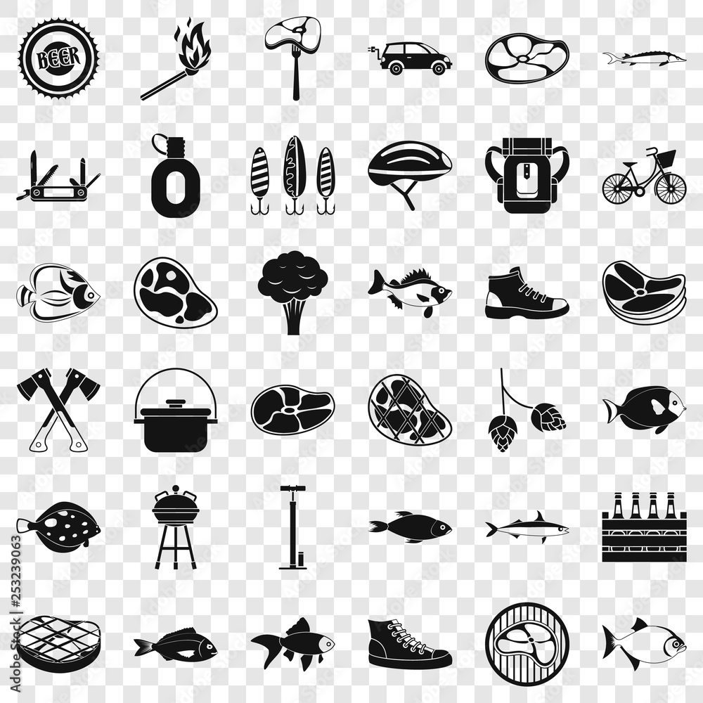 Poster bbq in nature icons set. simple style of 36 bbq in nature vector icons for web for any design