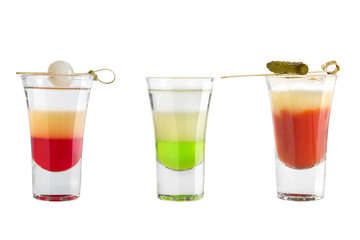 Popular alcohol shots on a white background. Three different shots.