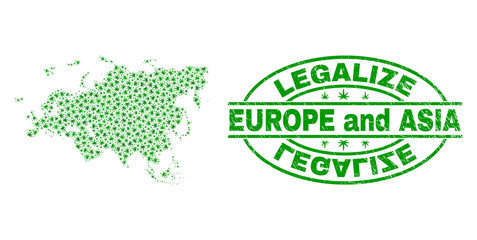 Vector cannabis Europe and Asia map mosaic and grunge textured Legalize stamp seal. Concept with green weed leaves. Concept for cannabis legalize campaign.