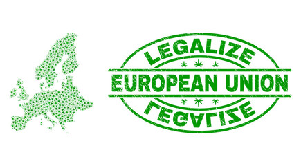 Vector marijuana European Union map collage and grunge textured Legalize stamp seal. Concept with green weed leaves. Concept for cannabis legalize campaign.