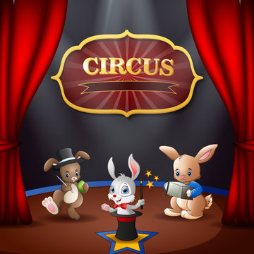 Cartoon rabbits circus performance on the stage