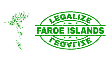 Vector marijuana Faroe Islands map mosaic and grunge textured Legalize stamp seal. Concept with green weed leaves. Concept for cannabis legalize campaign.