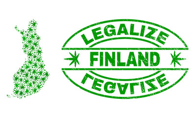 Vector marijuana Finland map collage and grunge textured Legalize stamp seal. Concept with green weed leaves. Concept for cannabis legalize campaign. Vector Finland map is formed with cannabis leaves.