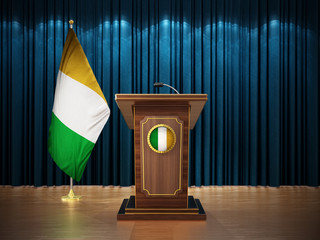 Press conference with flags of Ireland and lectern against the blue curtain. 3D illustration