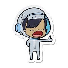 sticker of a cartoon astronaut woman explaining