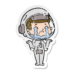 distressed sticker of a cartoon crying astronaut
