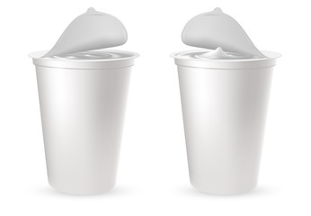 Realistic plastic packages for yogurt with foil lid, cap.