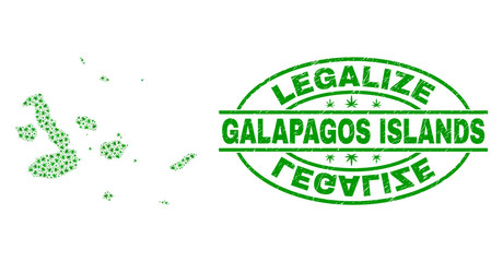 Vector cannabis Galapagos Islands map mosaic and grunge textured Legalize stamp seal. Concept with green weed leaves. Template for cannabis legalize campaign.