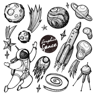 Collection of graphic cosmos. Hand-drawn clipart for art work and weddind design.