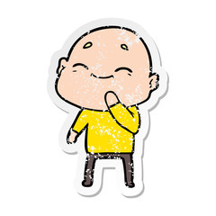 distressed sticker of a happy cartoon bald man