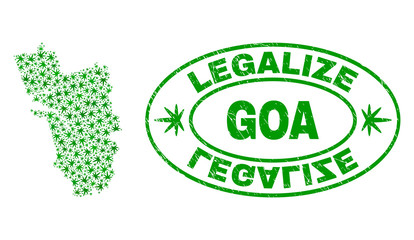 Vector cannabis Goa State map collage and grunge textured Legalize stamp seal. Concept with green weed leaves. Concept for cannabis legalize campaign.