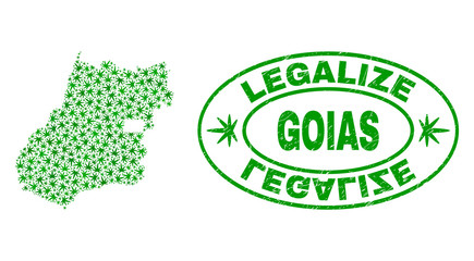 Vector cannabis Goias State map mosaic and grunge textured Legalize stamp seal. Concept with green weed leaves. Concept for cannabis legalize campaign.
