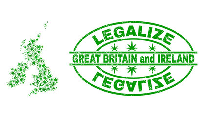 Vector cannabis Great Britain and Ireland map collage and grunge textured Legalize stamp seal. Concept with green weed leaves. Concept for cannabis legalize campaign.
