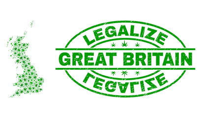 Vector cannabis Great Britain map collage and grunge textured Legalize stamp seal. Concept with green weed leaves. Concept for cannabis legalize campaign.