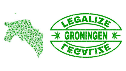 Vector cannabis Groningen Province map mosaic and grunge textured Legalize stamp seal. Concept with green weed leaves. Template for cannabis legalize campaign.
