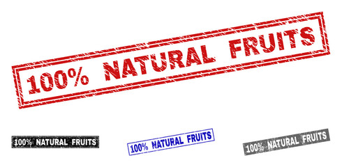 Grunge 100% NATURAL FRUITS rectangle stamp seals isolated on a white background. Rectangular seals with distress texture in red, blue, black and grey colors.