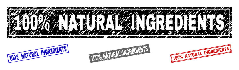 Grunge 100% NATURAL INGREDIENTS rectangle stamp seals isolated on a white background. Rectangular seals with grunge texture in red, blue, black and gray colors.