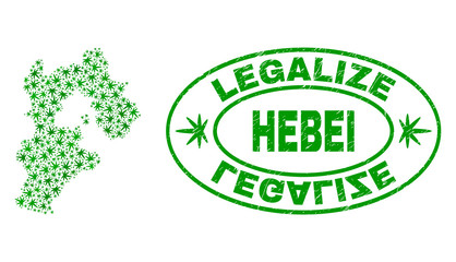 Vector cannabis Hebei Province map mosaic and grunge textured Legalize stamp seal. Concept with green weed leaves. Concept for cannabis legalize campaign.