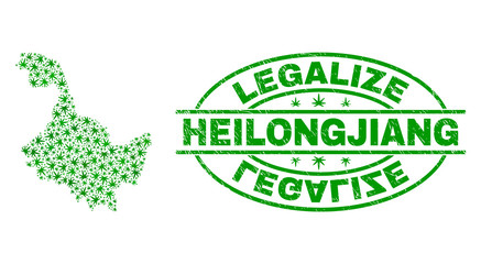 Vector marijuana Heilongjiang Province map collage and grunge textured Legalize stamp seal. Concept with green weed leaves. Concept for cannabis legalize campaign.