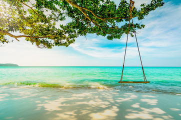 Wooden swings hang from branch of tree at seaside. Emerald green sea water with blue sky and white clouds on summer. Summer vibes. Summer vacation. Empty swings at sand beach with morning sun light .