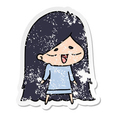 distressed sticker cartoon of cute kawaii long haired girl