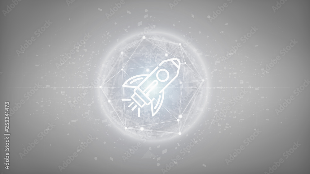 Poster launch of a start up with a rocket on a sphere