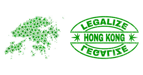 Vector marijuana Hong Kong map collage and grunge textured Legalize stamp seal. Concept with green weed leaves. Concept for cannabis legalize campaign.