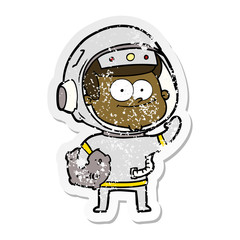 distressed sticker of a happy astronaut cartoon