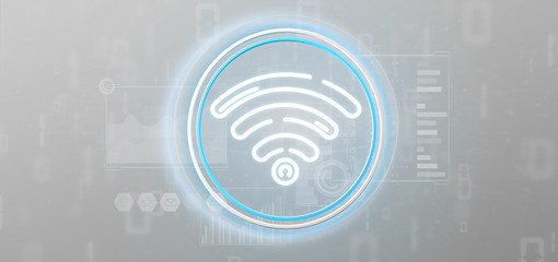 Wifi icon with stats and binary code 3d rendering