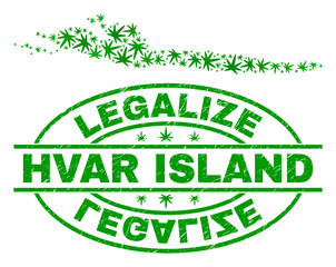 Vector cannabis Hvar Island map mosaic and grunge textured Legalize stamp seal. Concept with green weed leaves. Concept for cannabis legalize campaign.