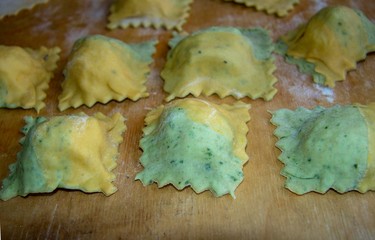homemade spinach and pumpkin dough ravioli