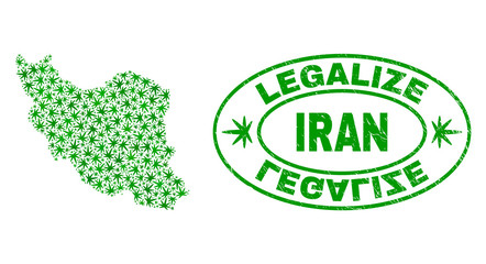 Vector cannabis Iran map mosaic and grunge textured Legalize stamp seal. Concept with green weed leaves. Concept for cannabis legalize campaign. Vector Iran map is created with weed leaves.